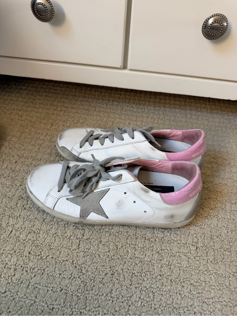 Golden Goose White Leather Sneakers with Pink Heel and Gray Star - Picture 4 of 5
